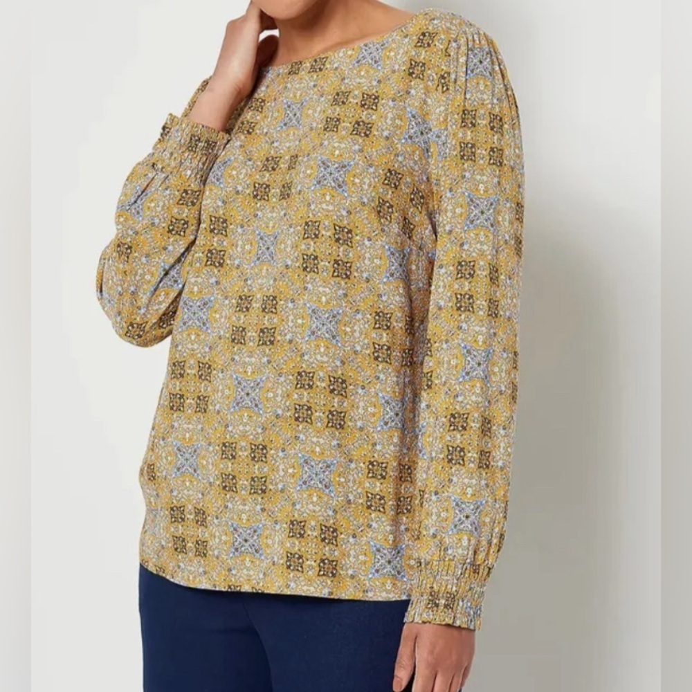 NEW - Denim & Co. Abstract Printed Wide Neck Blouse Cuff. Color: Sunset Gold